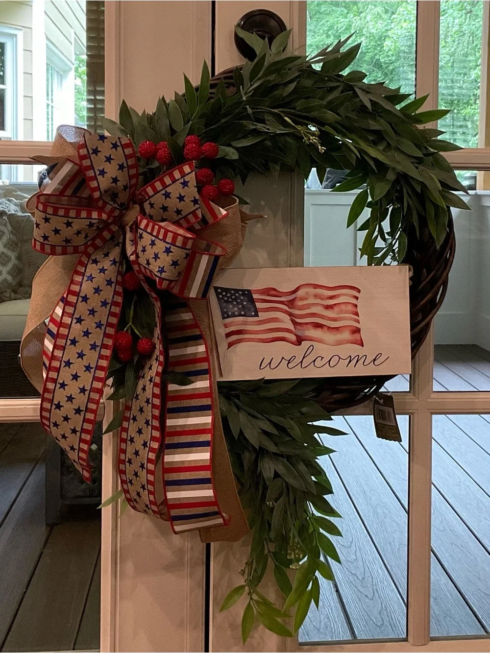Patriotic Welcome Wreath with Flag Bow